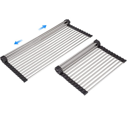 Large Telescopic Drain Rack Roll Up Rack Heat-Resistant Dish Drainer Kitchen Sink Rack Over the Sink Dish Drying Rack Stainless Steel Dish Rack (18 Tube 21.25''x12.79'')