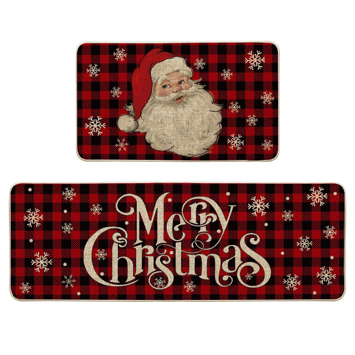 Artoid Mode Buffalo Plaid Snow Santa Claus Christmas Kitchen Rugs Set of 2, Winter Low-Profile Floor Mat Merry Christmas Decorations for Home Kitchen - 17x29 and 17x47 Inch