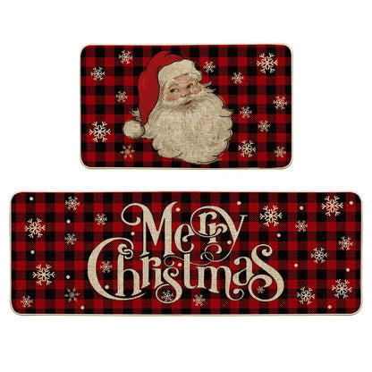 Artoid Mode Buffalo Plaid Snow Santa Claus Christmas Kitchen Rugs Set of 2, Winter Low-Profile Floor Mat Merry Christmas Decorations for Home Kitchen - 17x29 and 17x47 Inch
