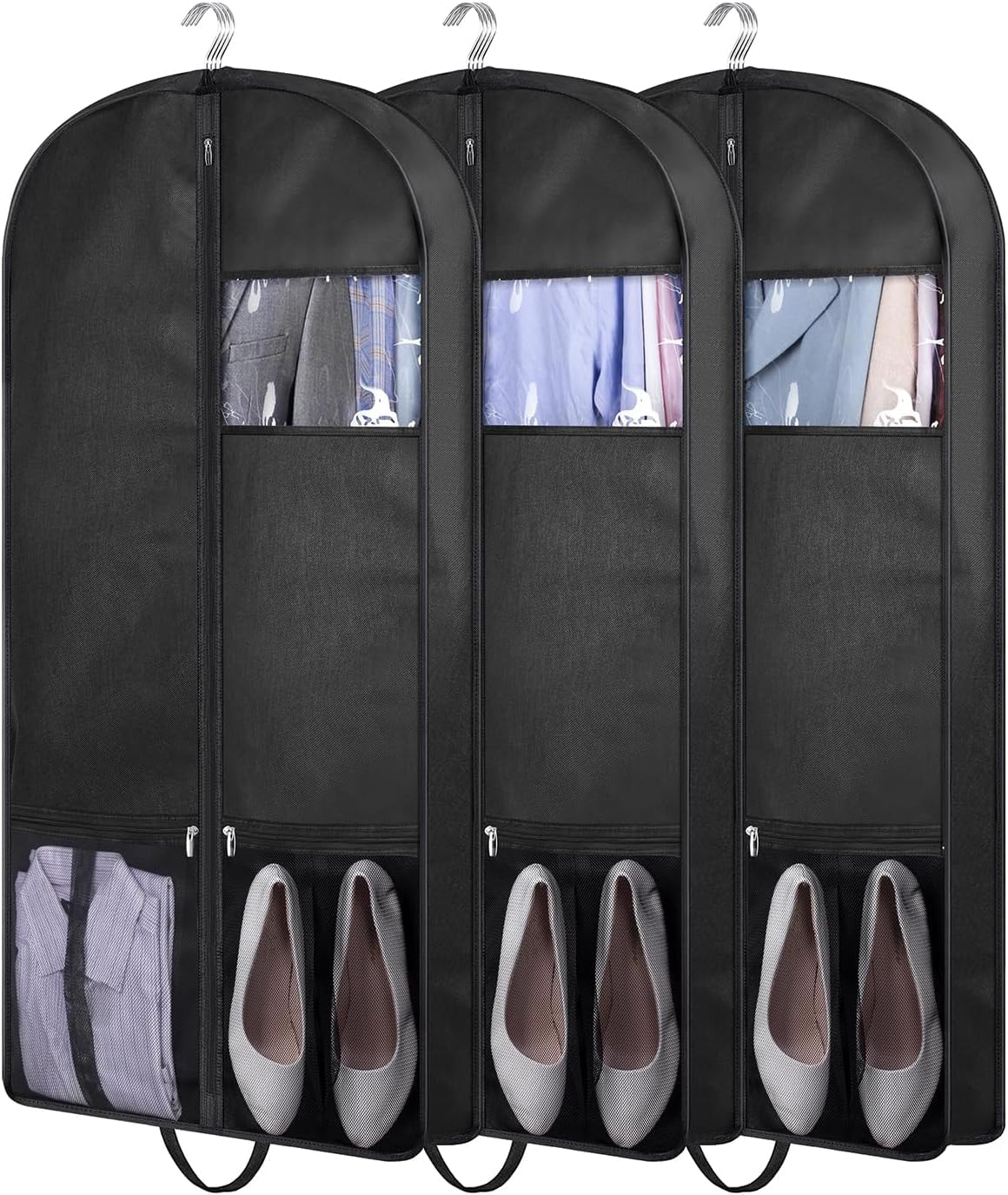 43" Suit Bags for Closet Storage and Travel, Gusseted Mesh Hanging Garment Bags for Men Suit Cover With Handle for Clothes, Coats, Jackets, Shirts（3 Packs，Black）