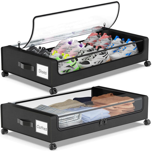 Molutsody Under Bed Storage with Wheels, 2-Pack Underbed Storage Containers with Clear Lids, Under Bed Shoe Storage Organizer, Rolling Under the Bed Storage Bins for Clothes Shoes Blankets (Black)