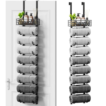Hanging Towel Racks for Bathroom - 9 Tier Over the Door & Wall Mounted Bath Rolled Towel Storage Organizer Holder for Small Bathroom, RV, Camper, Black (Patented)