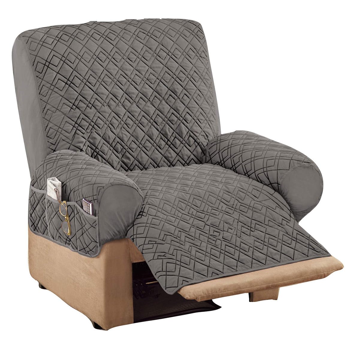 Collections Etc Diamond-Shape Quilted Stretch Recliner Cover with Storage Pockets and Elastic Straps - Furniture Protector | Storage Pockets and Elastic Straps - Furniture Protector