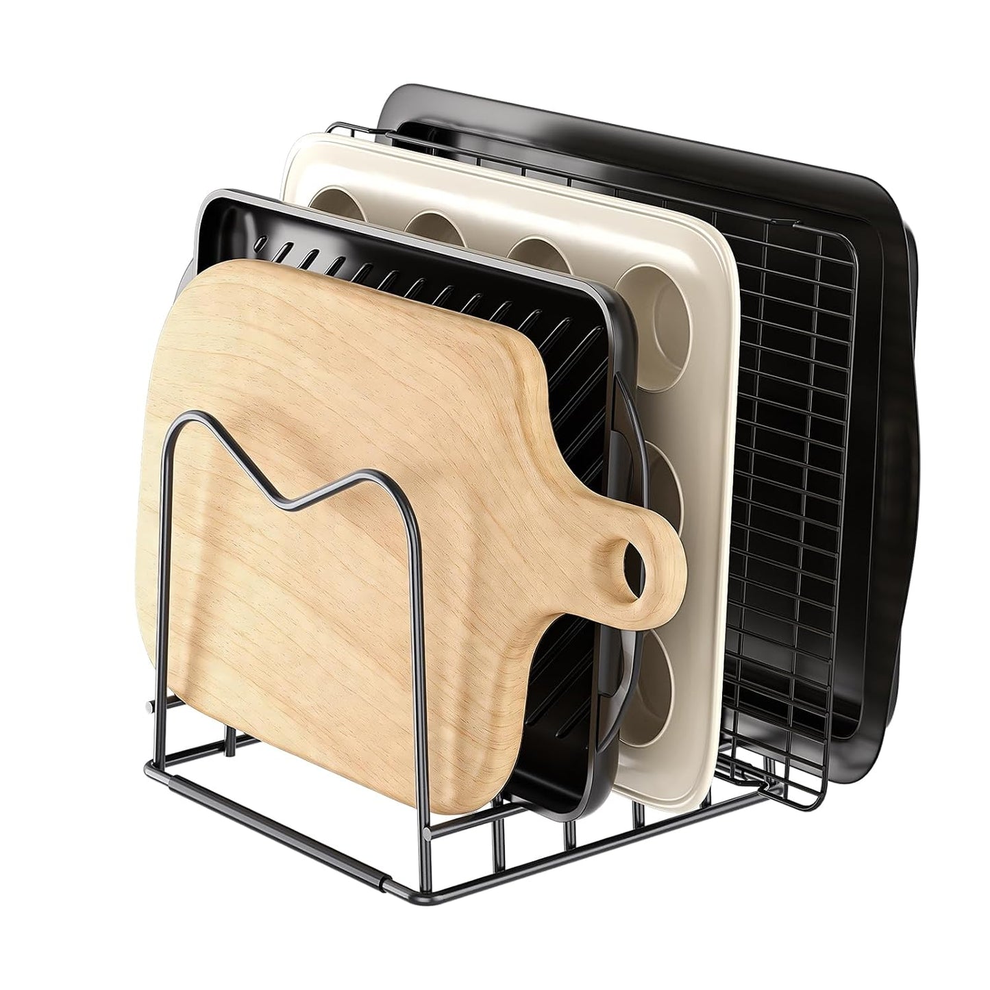 5mm Wire Cutting Board Organizer Holder Stand for Cabinet Countertop | Full silicone strip, no slipping or scratches, 1.2" slot spacing, Holds cutting boards, sheet pans, skillets inside Cabinet