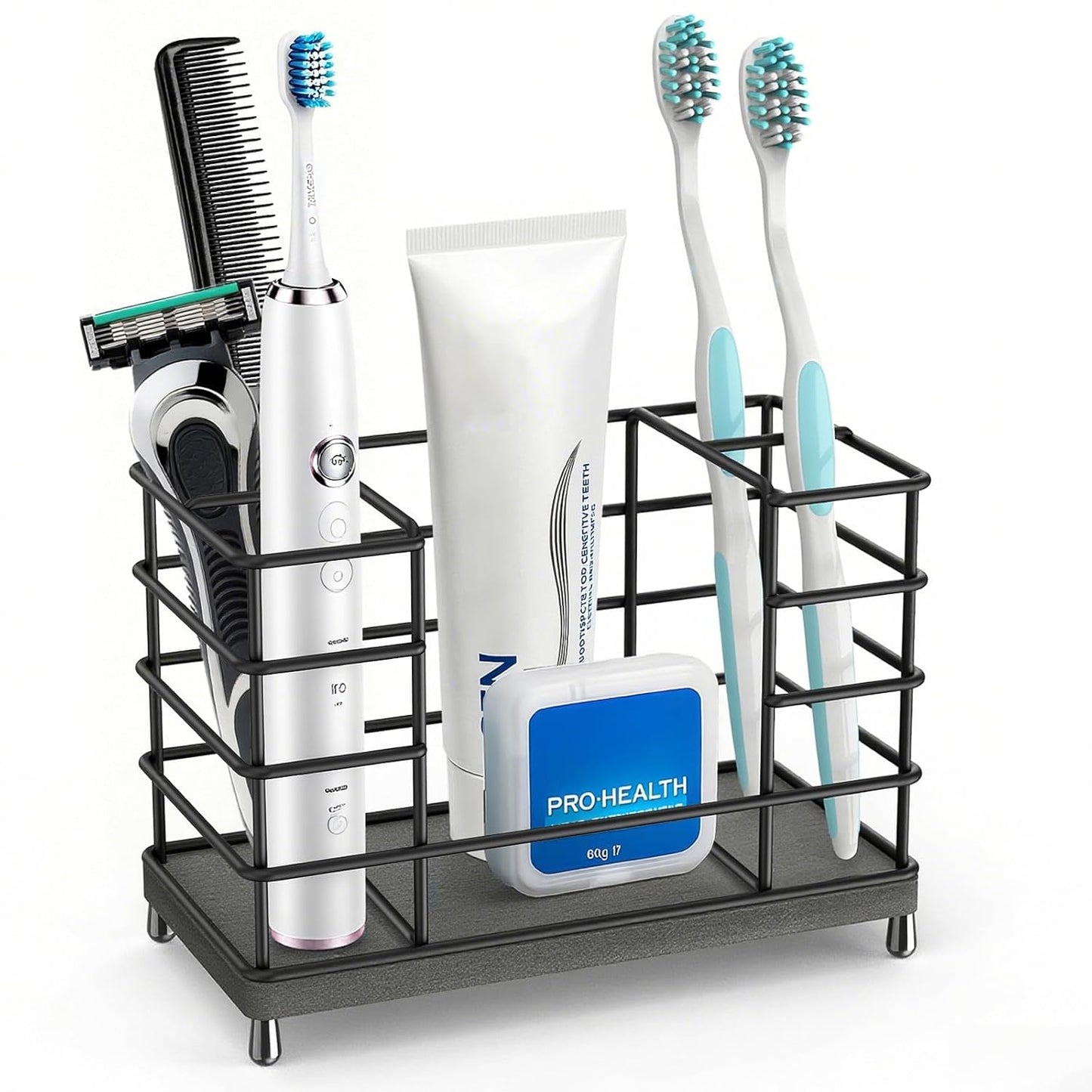 Toothbrush Holder with Quick Drying Mat—Toothbrush and Toothpaste Holders for Bathrooms—5 Slots Openwork Design Black Toothbrush Holder Set,Bathroom Counter Organizer for Electric Toothbrush