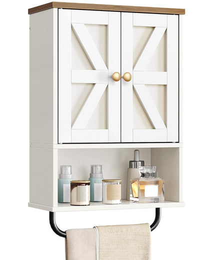 Bathroom Wall Cabinet, Medicine Cabinet with Open Partition and Towel Bar, Rustic Storage Cabinet with Open and Hidden Storage Space, for Bathroom, Living Room, Kitchen, White and Walnut
