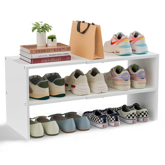 White Shoe Rack Organizer for Closet, 2-Tier Expandable Shoe Shelf, Stackable Iron Wood Combination Small Shoe Racks Shelves for Closets, Entryway,Small Space,Hallway,Bedroom,Bathroom,6-12 Pairs