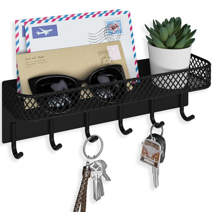 Lwenki Key Holder for Wall – Decorative Stainless Steel Key Hanger with 6 Hooks for Hats, Bags, Leashes – Mail Holder Key Rack with Mounting Hardware and Guide (9.65” x 2.8” x 2.2”) (Black)