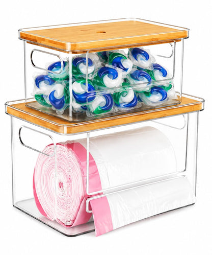 2-in-1 Stackable Trash Bag Dispenser & dishwasher pod holder with Wooden Top – Garbage Bag Holder for 13-33 Gallon Bags – Trash Bag Dispenser Under Sink with Anti-Slip Base for Laundry Detergent Pods