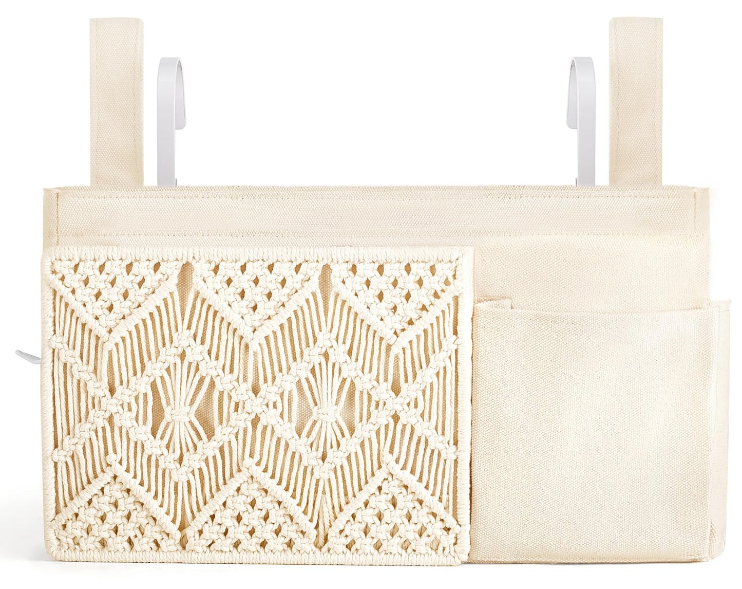 Mkono Bedside Caddy, Macrame Hanging Organizer, 4 Pockets Ivory Metal Hooks | Dorm Room Essentials, Boho Storage, Bunk Loft Bed Bedroom Nursery, Laptop Phone Remote Magazine Glasses, Fixed Straps