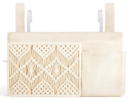 Mkono Bedside Caddy, Macrame Hanging Organizer, 4 Pockets Ivory Metal Hooks | Dorm Room Essentials, Boho Storage, Bunk Loft Bed Bedroom Nursery, Laptop Phone Remote Magazine Glasses, Fixed Straps