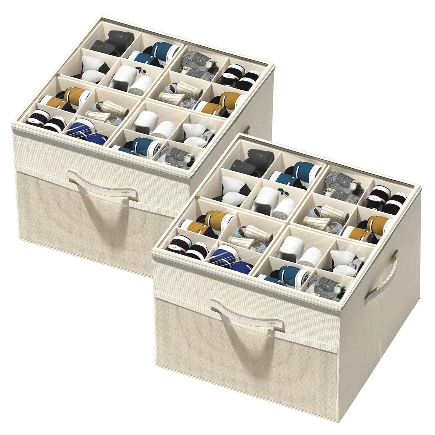 Shoe Organizer for Closet, Foldable Shoe Storage with Adjustable Dividers | Fabric Shoe Storage Organizer Box Bin with Adjustable Dividers and Clear Cover, Fits up to 16-32 Pairs