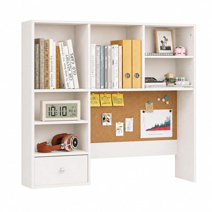 Desk Hutch Dorm with Cork Board, Shelves and Drawer | Desktop Bookshelf for College Dorm, Student Bedroom, White