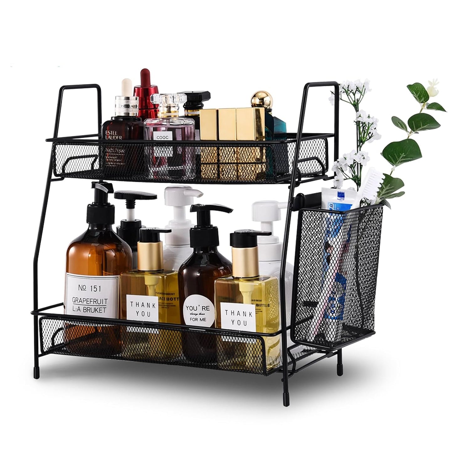 2-Tier Bathroom Countertop Organizer,Skincare, Makeup Countertop Organizers, Kitchen, Bathroom Counter Storage with Small Basket (Black)
