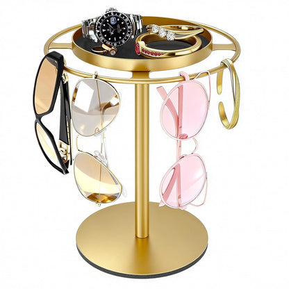 Metal Sunglasses Organizer, Glasses Holder Stand with Storgae Tray, Eyeglasses Holder with Anti-Slip Pads for Tabletop, Desk, Dresser, Gold