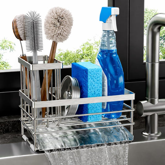 Cisily Sink Caddy Sponge Holder for Kitchen with Brush Holder and Stainless Steel Self Drain Tray, Rustproof Kitchen Sink Organizer for Sponge, Soap Dispenser Storage Accessories