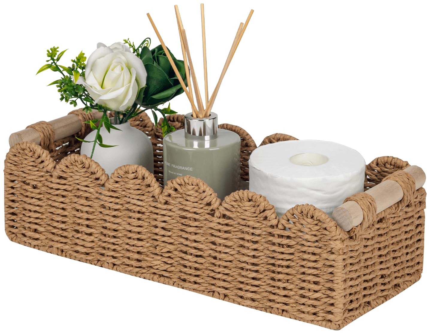 CubesLand Scalloped Toilet Paper Storage Basket W/Handle for Home Decor | Paper Rope Toilet Organizer Basket for Countertop, Over Toilet Shelf, End Table, Living Room, Bedroom Decor & More, Neutral