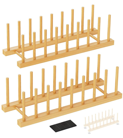 Bamboo Dish Drying Rack, 2 Pack Wooden Storage Holder Organizer for Plate/Bowl/Cup/Book/Pot/Lid/Cutting Board Drying Rack Stand Holder