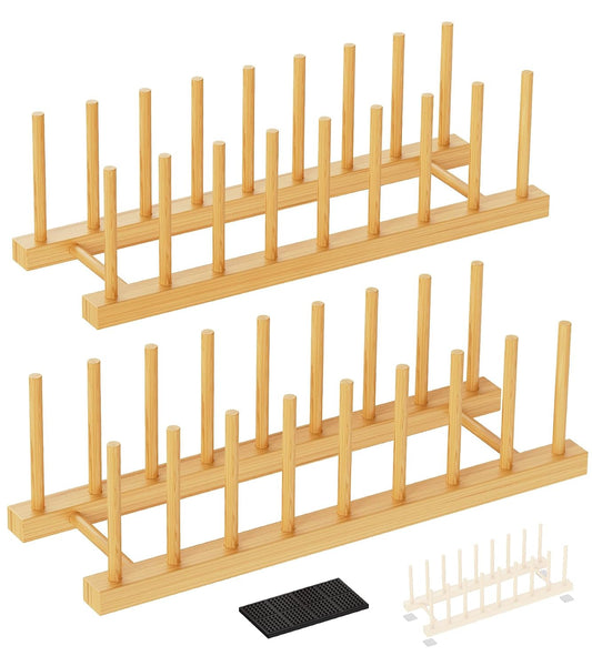 Bamboo Dish Drying Rack, 2 Pack Wooden Storage Holder Organizer for Plate/Bowl/Cup/Book/Pot/Lid/Cutting Board Drying Rack Stand Holder