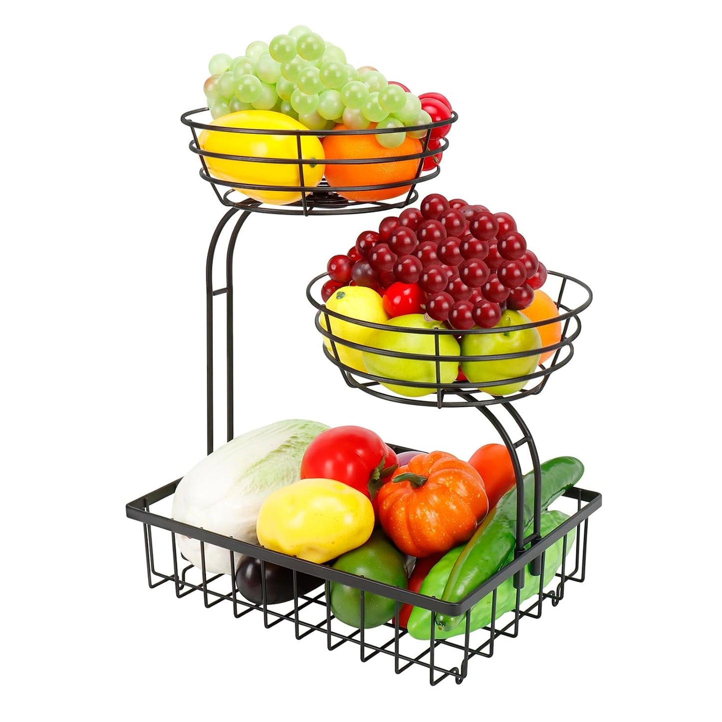 3 Tier Countertop Fruit Vegetable Basket Bowl Storage, Solid Metal Kitchen Counter Organizer for Storing Fruits, Veggies, Bread, Snacks (Black)