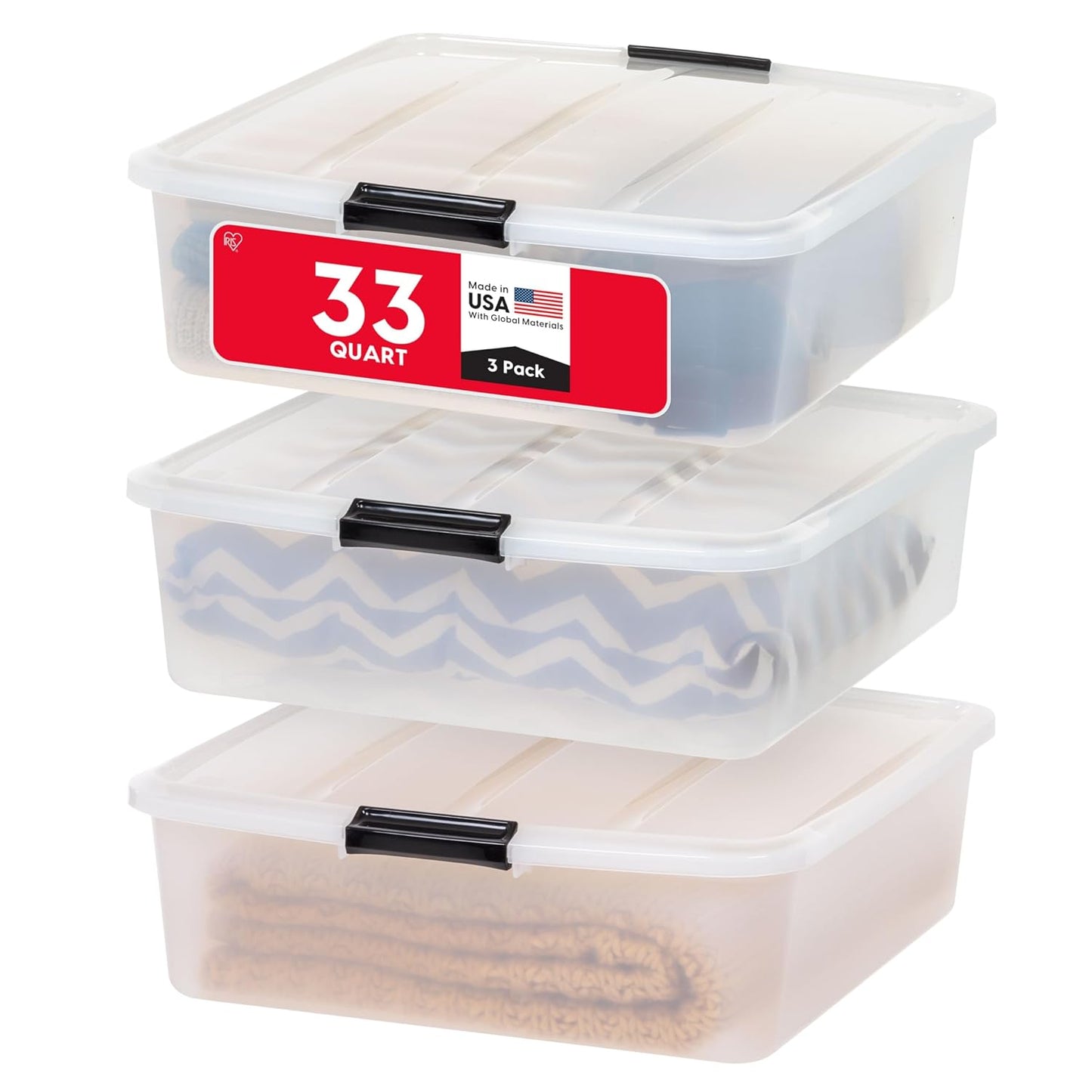 IRIS USA 3-Pack, 33 Qt. Under Bed Storage Bin with Lids, Clear | Store seasonal clothing, shoes, blankets, linens and household essentials neatly under beds to maximize storage space