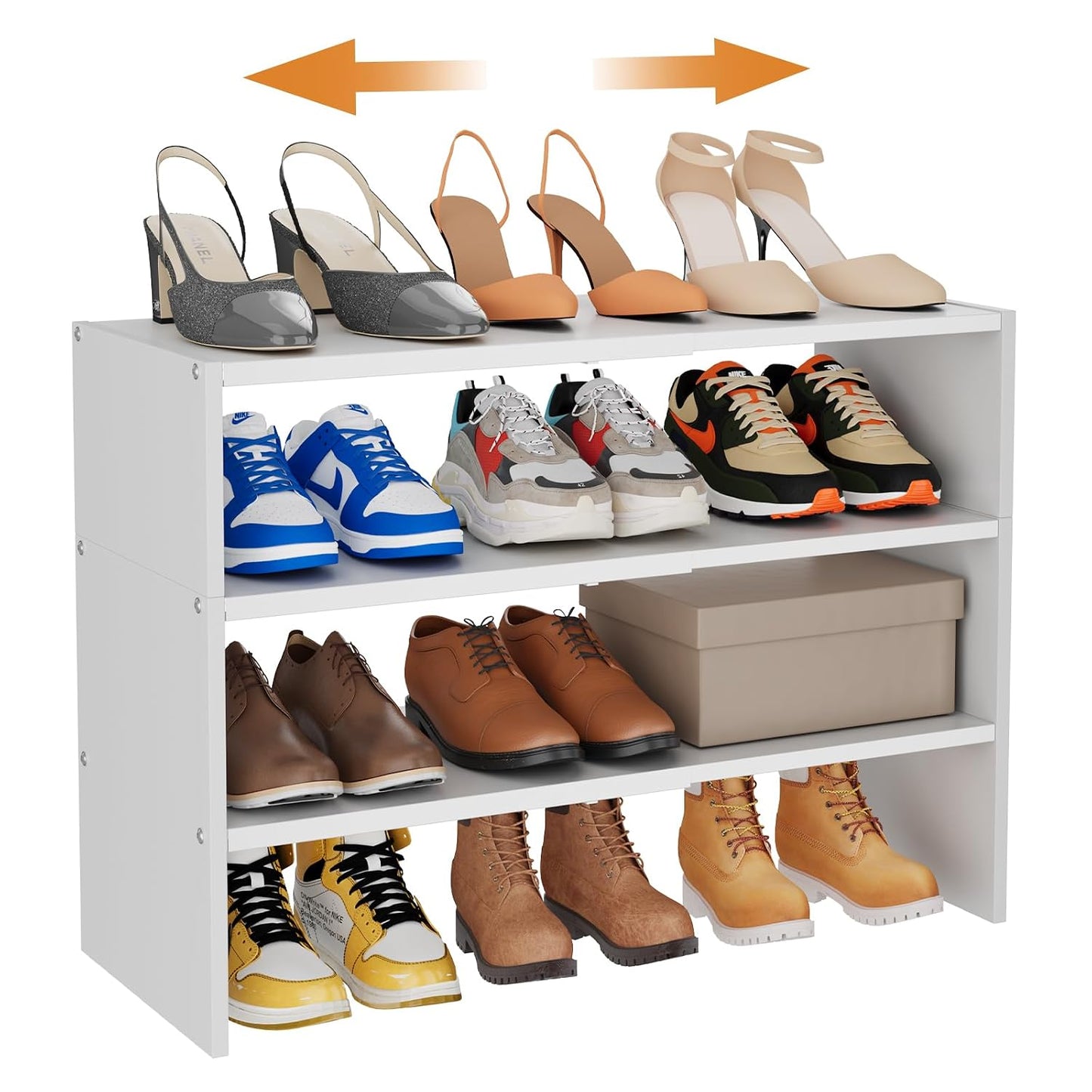 3-Tier Expandable White Shoe Rack Organizer for Closet, Stackable Shoe Racks Storage Shelf, Small Metal Wood Combination Shoe Shelves for Closets,Entryway,Front Door, Narrow Space,Hallway,8-16 Pairs