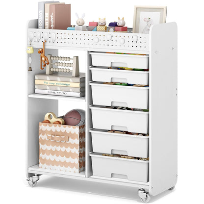 Rolling Craft Cart with 6 Drawers, Pegboard and Locking Wheels White | Ample multi-zone storage, 2 open shelves, art cart for classrooms, homeschool and offices, sturdy wood-metal frame