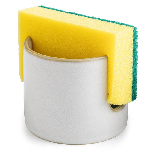 Sponge Holder for Kitchen Sink, Ceramic Dish Sponge Drying Caddy | Scrubby Daddy Kitchen Storage Organizer Cute Dish Brush Drying Rack for Sink Counter, Farmhouse Kitchen Decor, Beige White