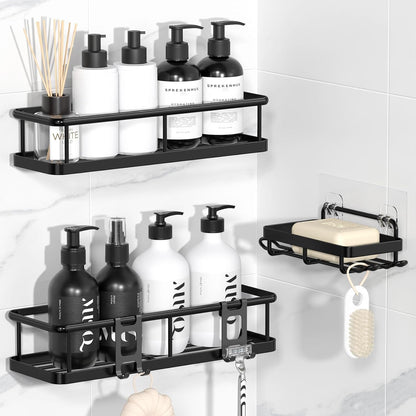Shower Caddy Adhesive, Rustproof Shower Organizer with Soap Holder, Large Capacity Shower Shelves for Inside Shower, No Drilling Bathroom Organizers and Storage for Home Decor（3 Pack Black）