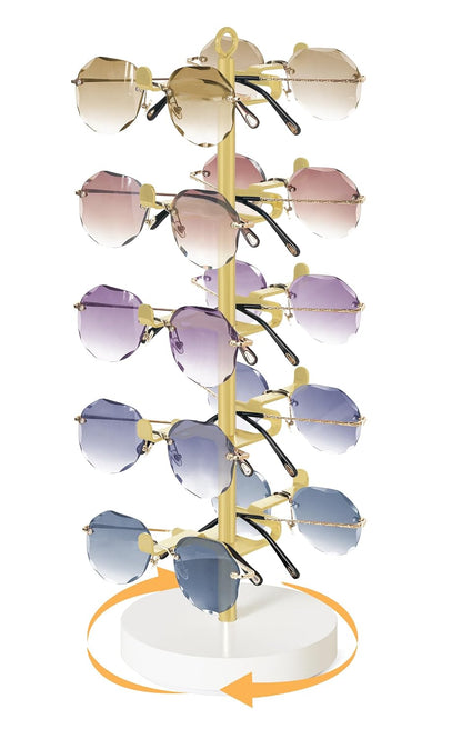 Mkono 360° Rotating Sunglass Organizer, Metal Glasses Holder Display Stand | Space-Saving, Holds 10 Eyewear Pairs, Stable Wood Base, Easy to Assemble, Dresser Desk Table Countertop Bedroom Gift Ideal