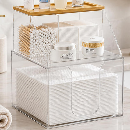 Acrylic Disposable Face Towel Holder, Clean Container for Skin Club, Clear | Bathroom Facial Towels Box for XL Clean Skin Club, Face Towels Wipes Cotton Pads Q-tip Holder for Bathroom, Bamoo Lid