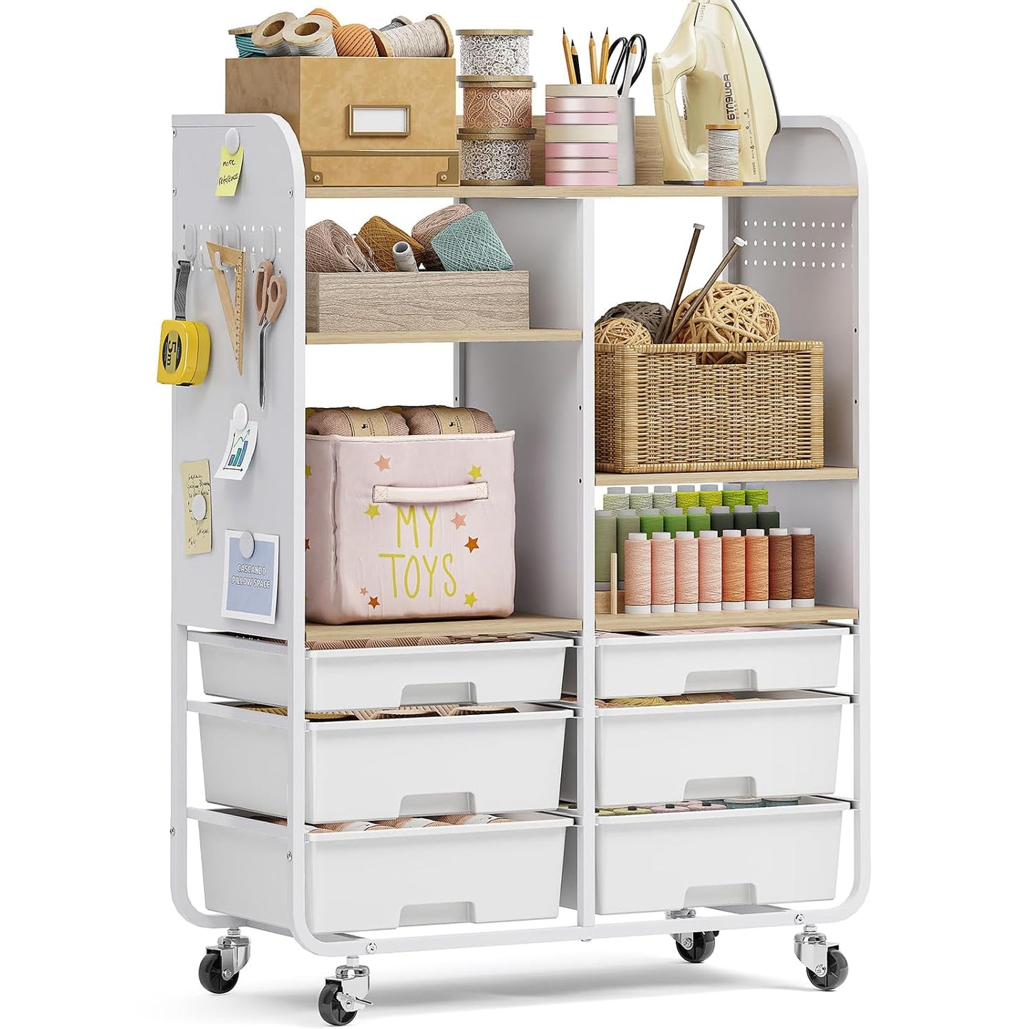 6 Drawers Rolling Storage Cabinet with Wood Top& Pegboards White | Utility Craft Cart with Adjustable Shelves & Lockable Wheels for Classroom, Home Office & Art Studio, Household Organization