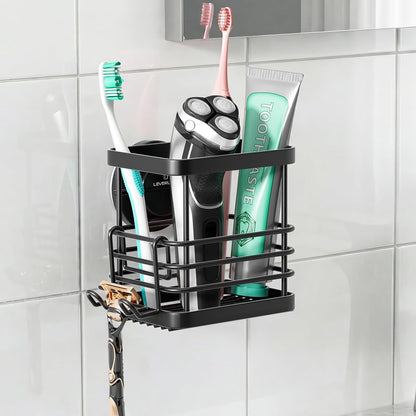 Powerful Suction Cup Stainless Steel Toothbrush Holders, Black | Removable Shower Tooth brush and Toothpaste Holder, Strong Suction Up to 11lbs, Anti-Puddling ,No Drill Bathroom Organizer