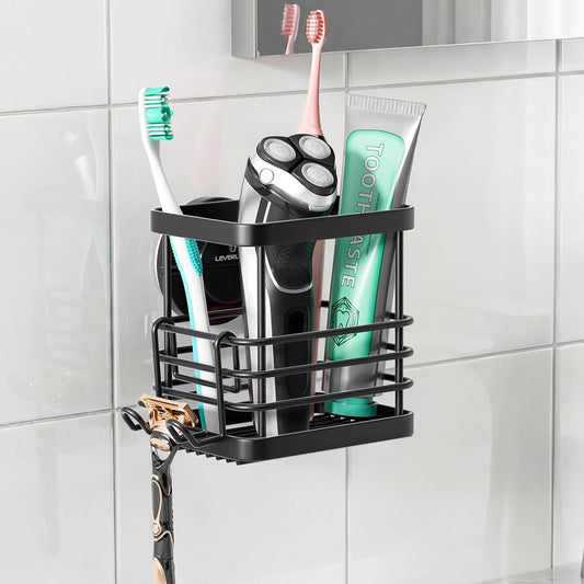 Powerful Suction Cup Stainless Steel Toothbrush Holders, Black | Removable Shower Tooth brush and Toothpaste Holder, Strong Suction Up to 11lbs, Anti-Puddling ,No Drill Bathroom Organizer