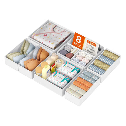 DIMJ Drawer Organizer Clothes, 8 Pack Dresser Organizer, Foldable Closet Organizers and Storage, Fabric Dresser Bins, Drawer Dividers for Nursery, Baby Clothes, Underwears, Sock (white)