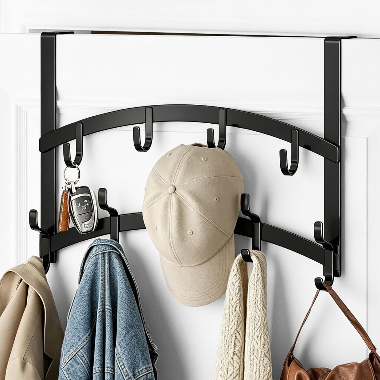 Over the Door Hooks Organizer - 2 Tier Door Hanger with 14 Hook Heavy Duty Stainless Steel for Towels, Coats, Jackets & Bags, Towel Rack for Bathroom Bedroom, Fits Up to 1.77" Doors, Black