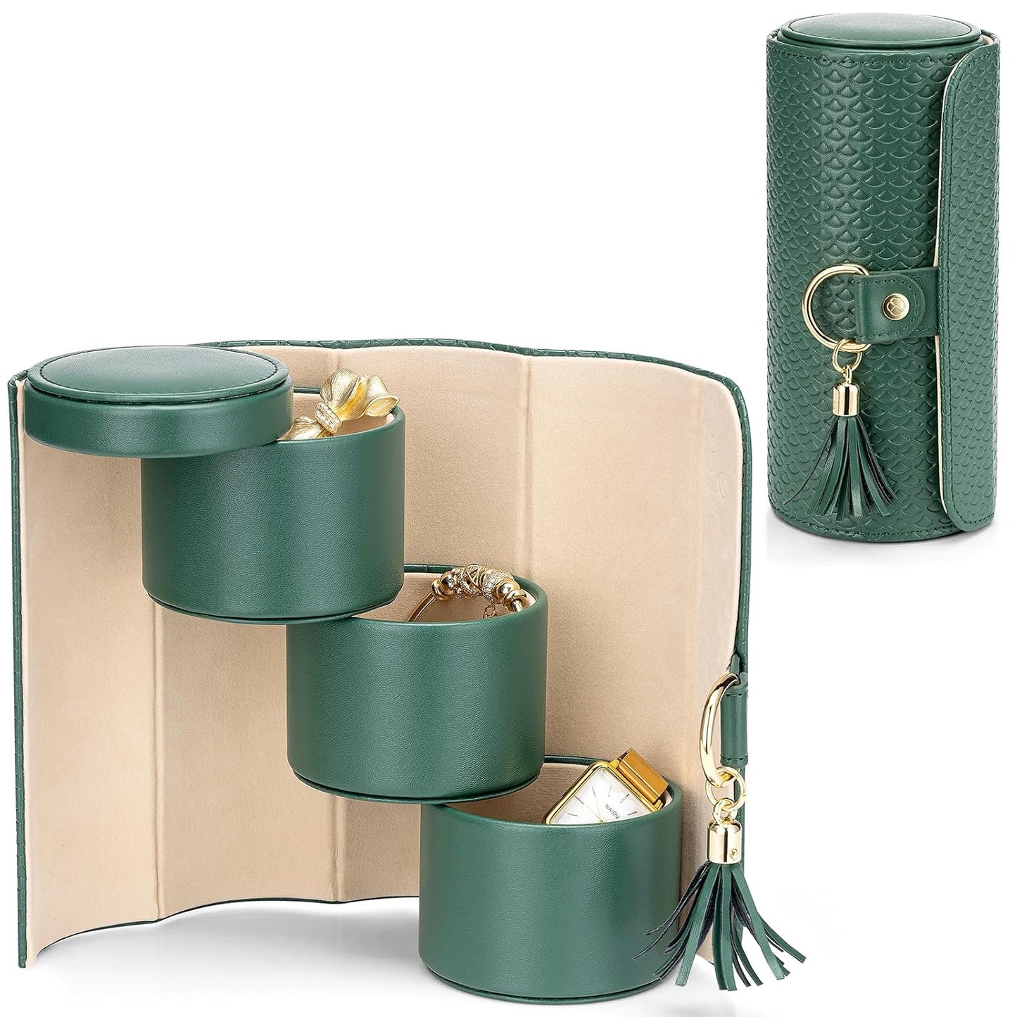 VLANDO Travel Jewelry Organizer, 3 Tier Roll Up Design, Hard Shell Storage | Stepped Sections Compartments Keep Jewelry Visible, Soft Lining Protect Pieces, Snap Closure, Travel Gift for Women Girl