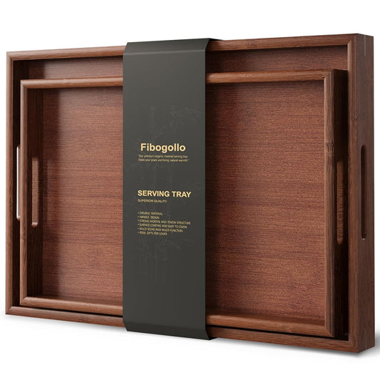Fibogollo Bamboo Set of 2 Serving Tray with Handles,Decorative Trays Platter,Breakfast Tray in Bed,Food Drinks Tray for Eating,Working,Storing(Brown)