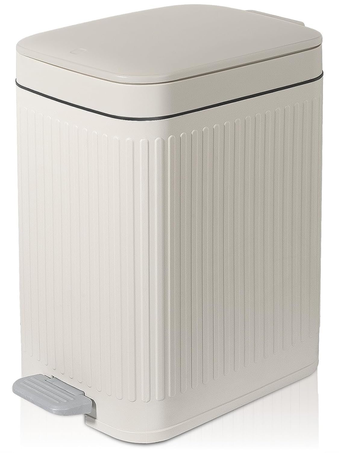 Small Bathroom Trash Can with Lid, 1.9 Gallon Slim Soft Close Step, Cream | Garbage Can with Pedal for Office, Bedroom, Kitchen & Living Room, Narrow Plastic Wastebasket Container for Small Spaces
