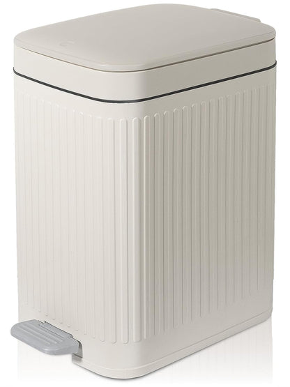Small Bathroom Trash Can with Lid, 1.9 Gallon Slim Soft Close Step, Cream | Garbage Can with Pedal for Office, Bedroom, Kitchen & Living Room, Narrow Plastic Wastebasket Container for Small Spaces