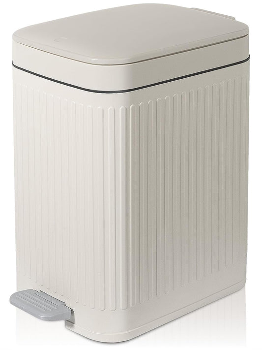 Small Bathroom Trash Can with Lid, 1.9 Gallon Slim Soft Close Step, Cream | Garbage Can with Pedal for Office, Bedroom, Kitchen & Living Room, Narrow Plastic Wastebasket Container for Small Spaces