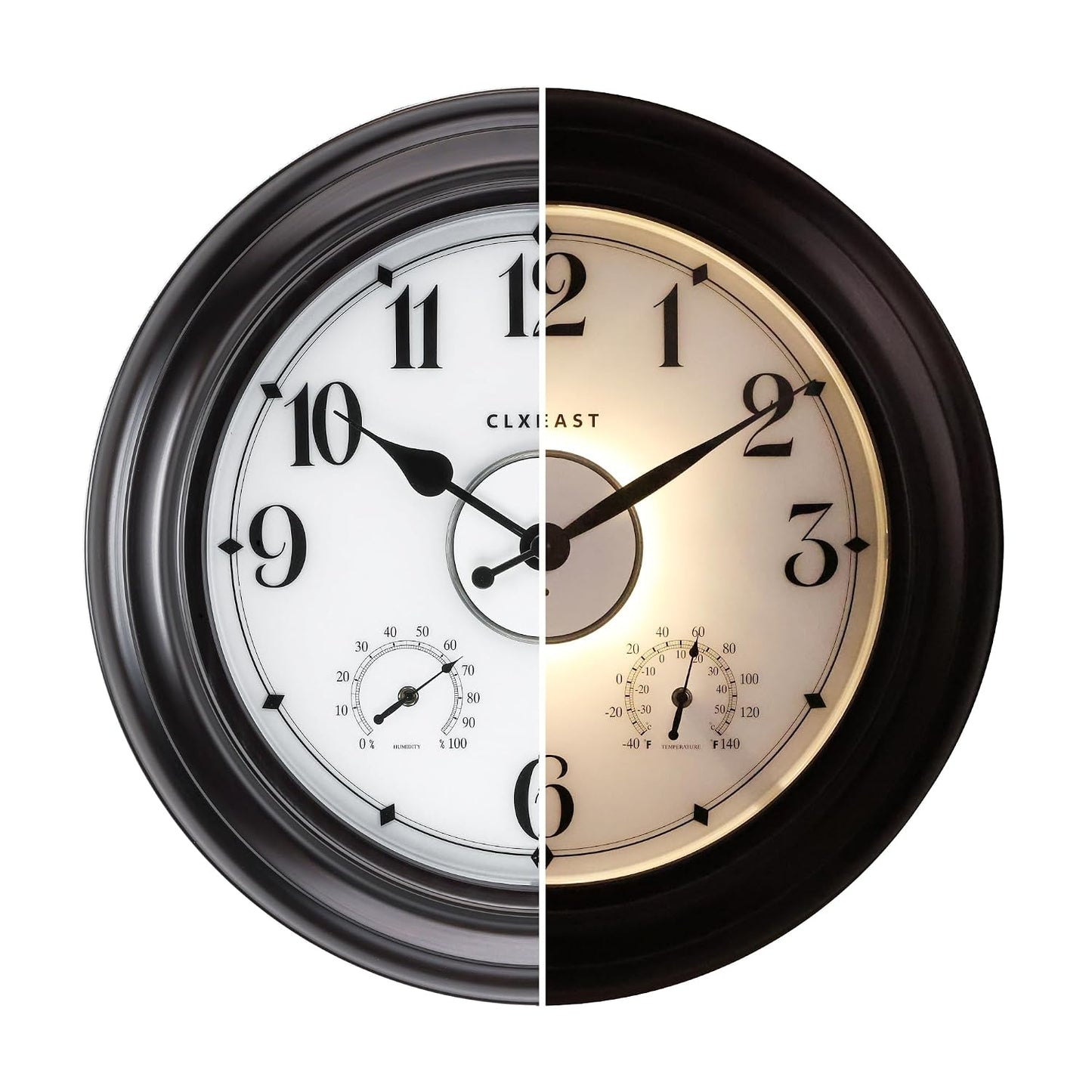 24 Inch Large Illuminated Outdoor Clocks Waterproof,IP65 Rating | Built In Adjustable Thermometer & Hygrometer, Bronze Black Metal, Weatherproof & Easy to Read for Patio, Pool & Home Decor