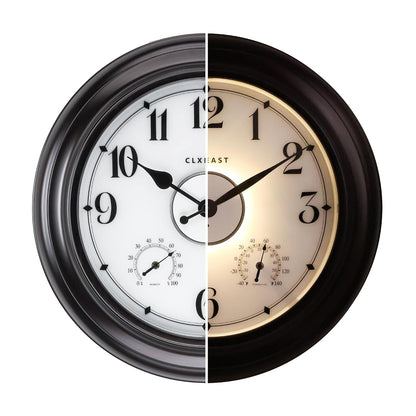 24 Inch Large Illuminated Outdoor Clocks Waterproof,IP65 Rating | Built In Adjustable Thermometer & Hygrometer, Bronze Black Metal, Weatherproof & Easy to Read for Patio, Pool & Home Decor