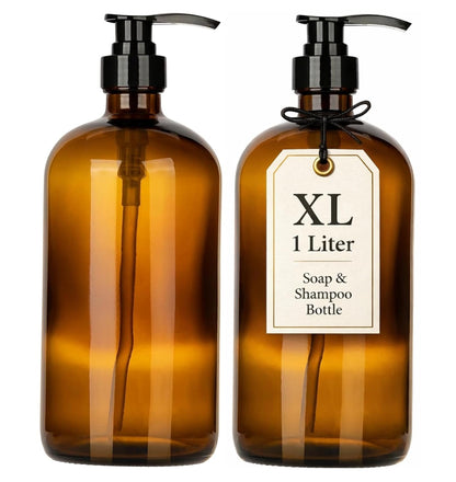 32 Ounce Glass Shampoo and Conditioner Dispenser Bottle with Pump, Shower - 1 Liter Body Wash Dispenser for Shower & Laundry Detergent Dispenser- by Kitchentoolz - Set of 2