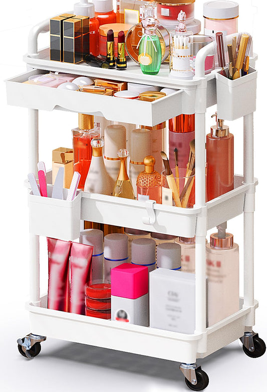 SUNALLY Makeup Cart Organizer with Drawer,3 Tier Rolling Makeup Cart, White | Rolling Vanity Storage for Skin Care Perfume Nail Polish, Floor Skincare Organizers Cosmetics Display Bathroom Storage Cart