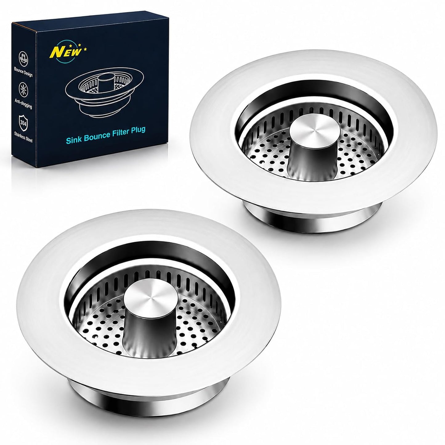 2 Pack Kitchen Sink Drain Strainer & Stopper with Basket, Stainless Steel Drain Plug Cover Catcher for Food Waste - Sink Accessories for Home or Kitchen Sink Shroom Fit US Standard 3-1/2'' Drain Hole