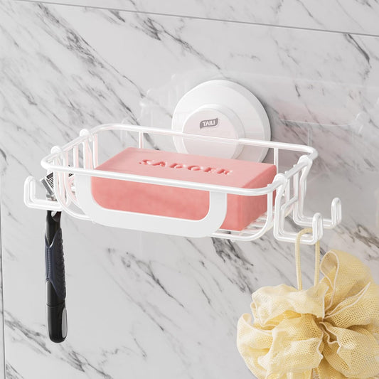 TAILI Soap Holder, Soap Dish Suction Cup with Hooks, Stainless Steel, White | Soap Dish for Shower, Bathroom Bar soap holder Shower Wall, Stainless Steel Sponge Holder for Tub Kitchen