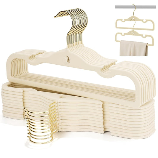 Velvet Pants Hangers 20 Pack Velvet Hangers,Pant Hangers,Non Slip Fabric with Stackable Cascading Hook,Suit for Pants,Jeans,Scarf,Towels,Tank Top,Coat（Beige）