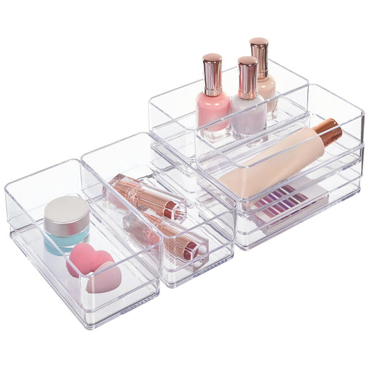 STORi SimpleSort 6-Piece Stackable Clear Drawer Organizer Set | 6" x 3" x 2" Rectangle Trays | Small Makeup Vanity Storage Bins and Office Desk Drawer Dividers | Made in USA
