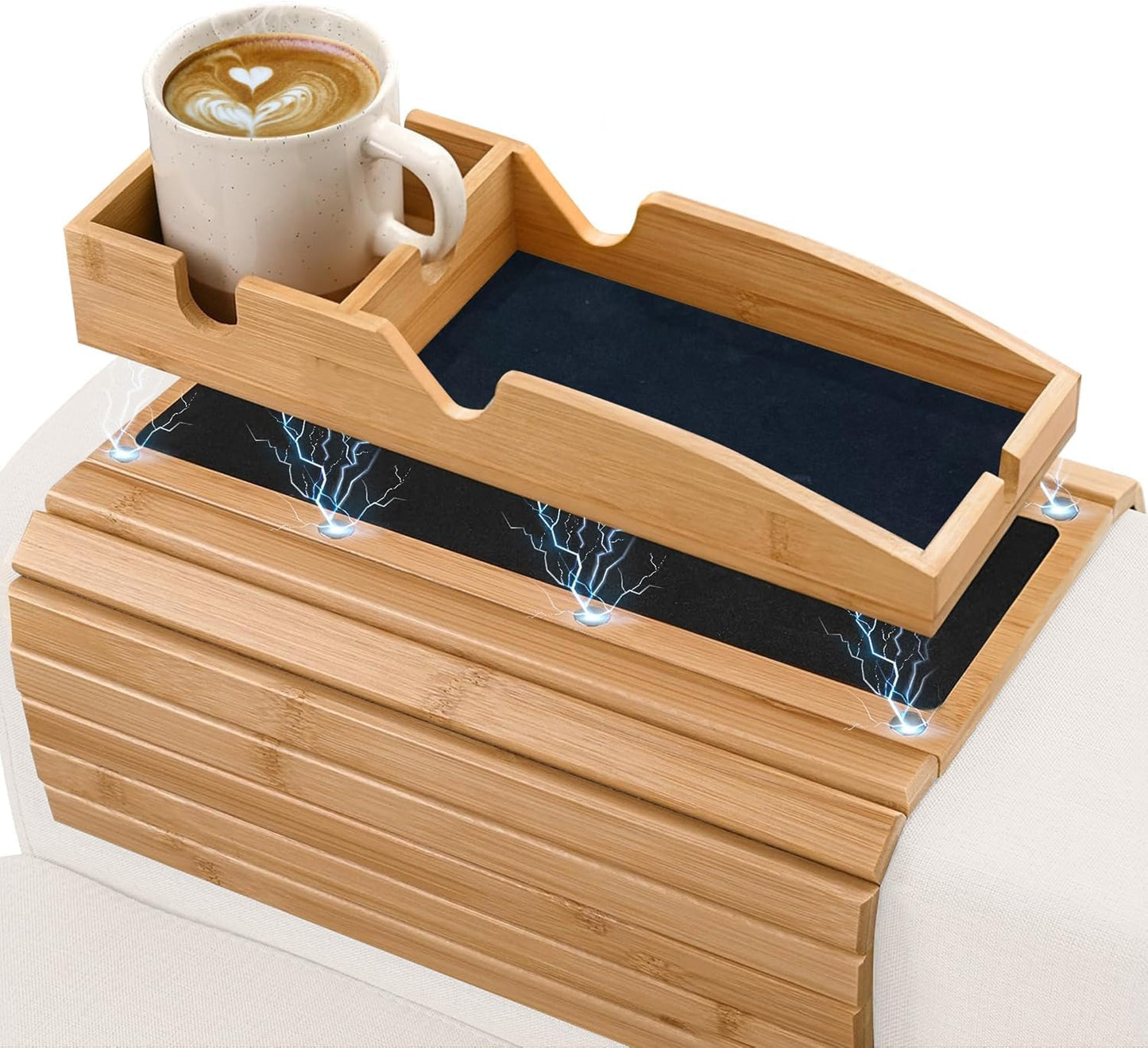 Magnetic Bamboo Couch arm tray - 3 in 1 Detachable Bamboo Sofa Arm Tray Table with Cup Holder - Foldable Non Slip Couch Armrest Table For Remote, Cell-Phone & Drinks, Snacks – Space-Saving,17.6"x13.3"